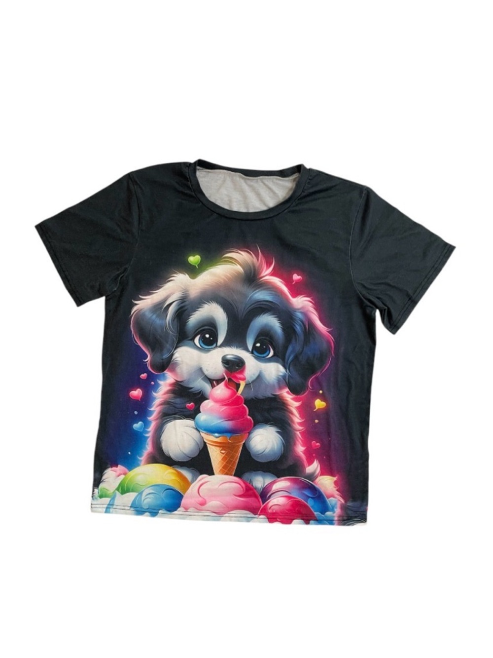 Kids Black Graphic Tee with Puppy Eating Ice Cream